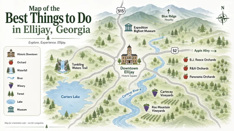Illustrated map of the best things to do in Ellijay, Georgia.