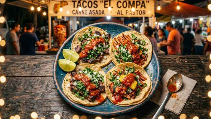 Fresh authentic Mexican street tacos served at a vibrant food stall in Romantic Zone
