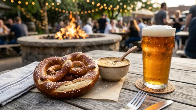 A warm Bavarian pretzel with beer cheese dip and a cold pint of craft beer on an outdoor patio in downtown Leavenworth.