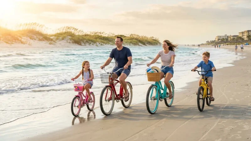 A happy family riding beach cruiser bicycles on the wide sandy shore of Coligny Beach