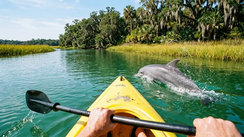 A family kayaking in the peaceful salt marshes of Hilton Head while watching wild dolphins