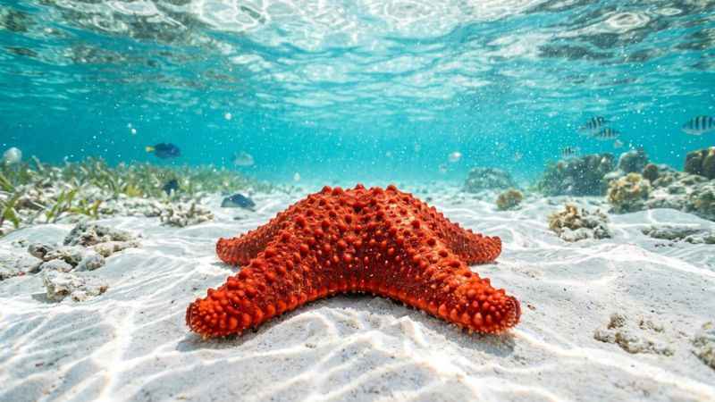 giant red starfish in clear shallow water at el cielo cozumel