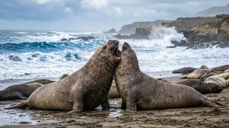 Close-up view of two giant marine elephant seals interacting on the sandy shores of San Simeon coastline.