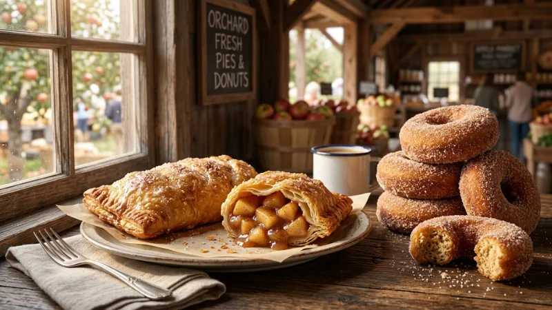 Freshly baked Southern fried apple pies and cinnamon sugar apple cider donuts on a wooden table at an Ellijay farm market