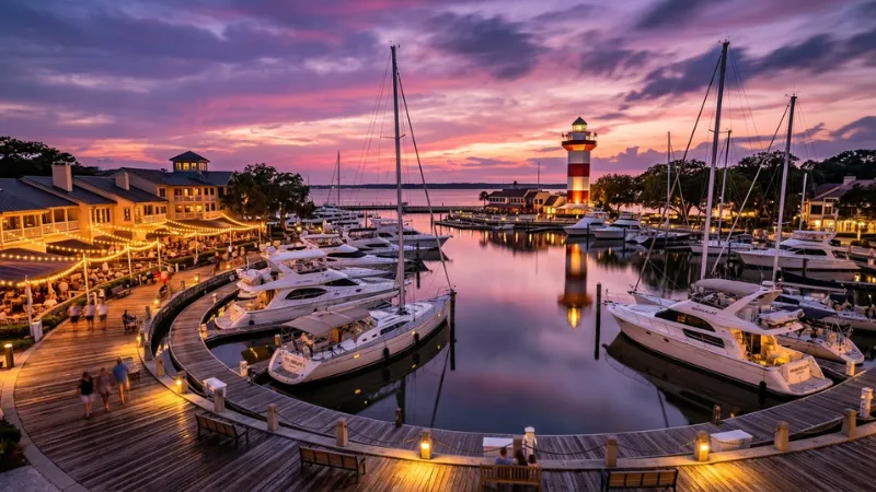 Scenic view of Harbour Town Marina with luxury yachts and sunset light over the water