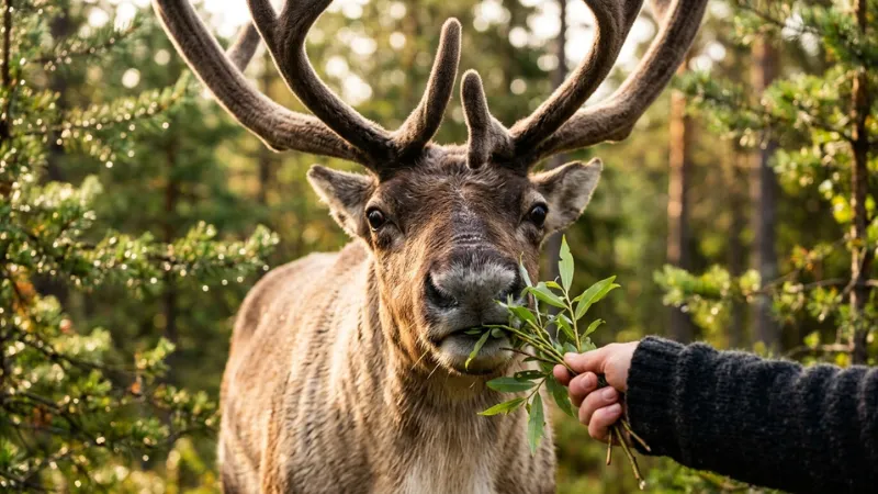 Close-up shot of a visitor hand-feeding a friendly reindeer at the Leavenworth Reindeer Farm in Washington.