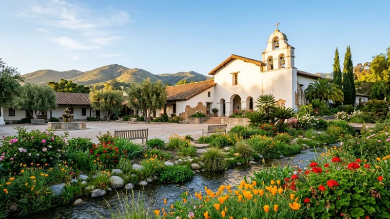 Sunlight illuminating the historic 1772 adobe front of Mission San Luis Obispo de Tolosa next to the plaza creek.