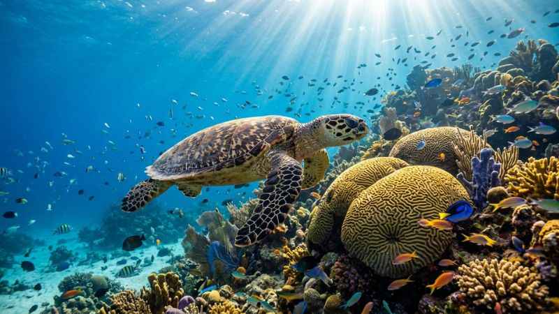 sea turtle swimming over colorful coral at palancar reef cozumel