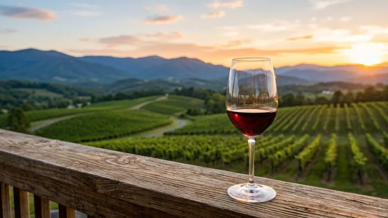 A glass of red wine on a wooden deck table overlooking rolling mountain vineyard slopes during sunset in Ellijay