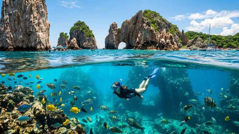 Snorkeler swimming with colorful tropical fish near Los Arcos marine park rocks