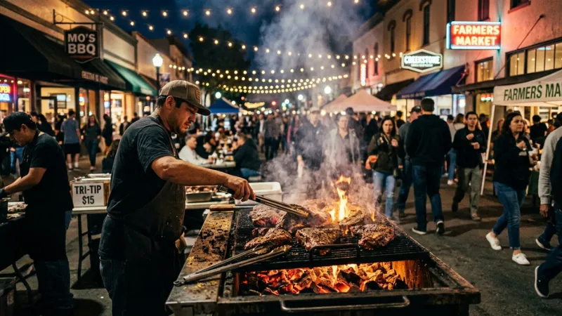 Sizzling tri-tip beef barbecue cooking on large street grills during the crowded Thursday Night Farmers Market in downtown SLO.