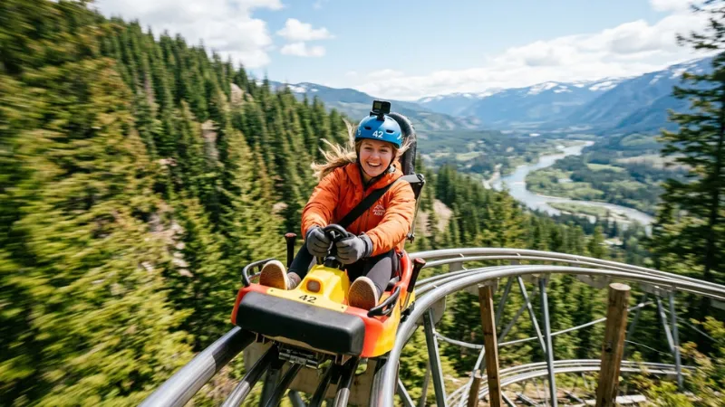 Rider speeding down the mountain track on the Tumwater Twister alpine coaster in Leavenworth Washington.