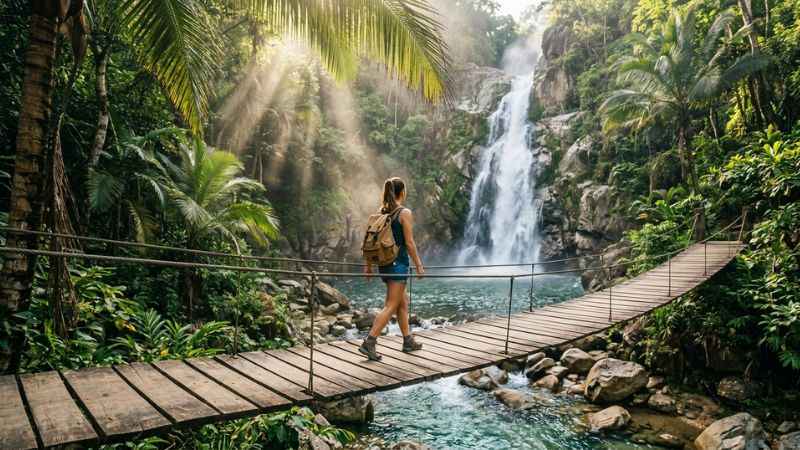 Traveler hiking through lush green jungle to a hidden waterfall in Yelapa village