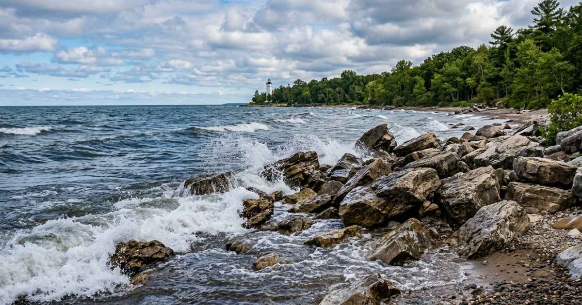 Waves crashing against the rocky shoreline at Presque Isle Park in Marquette, Michigan.