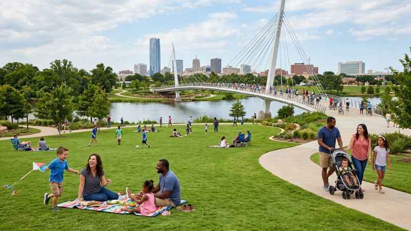 Scissortail Park and pedestrian bridge in downtown Oklahoma City