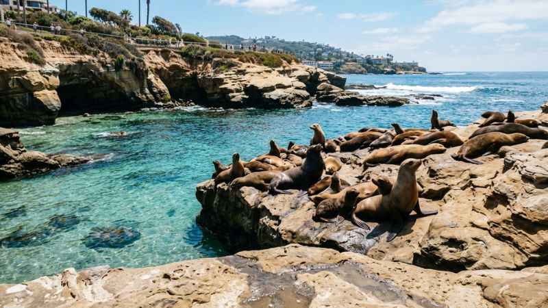 Wild sea lions resting on ocean rocks at La Jolla Cove in San Diego