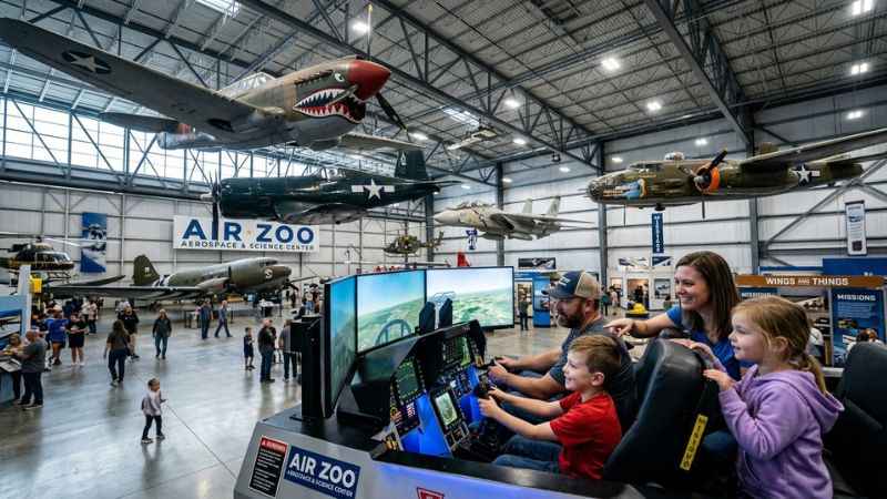 Children exploring interactive aviation exhibits at the Air Zoo in Kalamazoo.