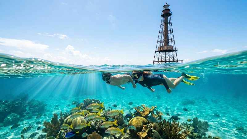 Snorkelers swimming near the historic Alligator Reef Lighthouse in the Florida Keys.