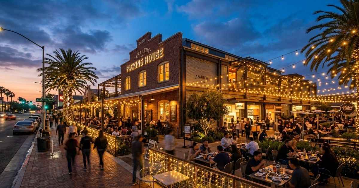 Illuminated historic Anaheim Packing House building at sunset with outdoor seating.