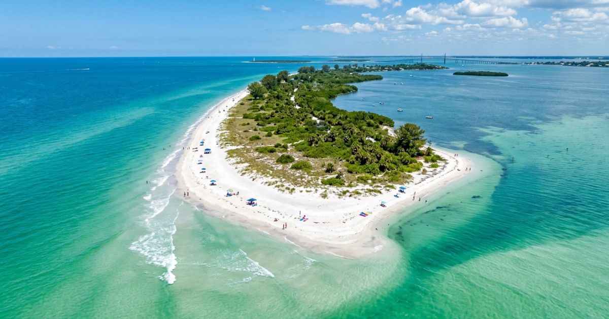 Aerial view of the shoreline and Gulf water at Bean Point Beach on Anna Maria Island.