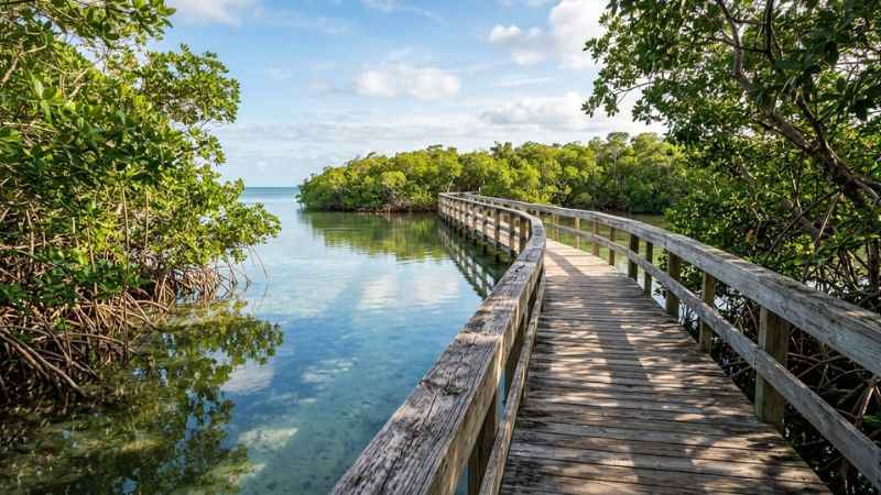 Wooden boardwalk winding through mangrove trees and shallow water at Anne’s Beach in Islamorada.