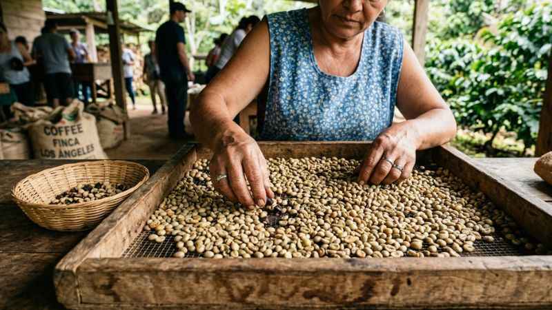 Coffee beans being sorted during a coffee farm visit near Antigua Guatemala.