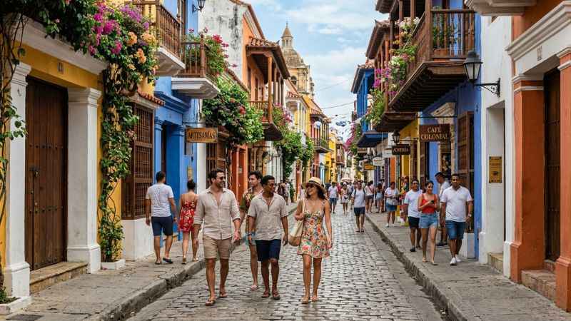 Travelers walking down a historic cobblestone street lined with colorful colonial buildings in Antigua Guatemala.