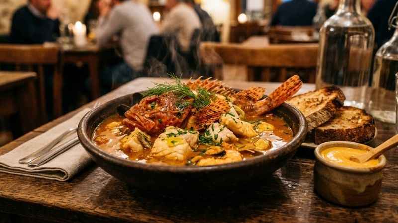 Traditional bouillabaisse seafood stew served at a restaurant in Marseille.