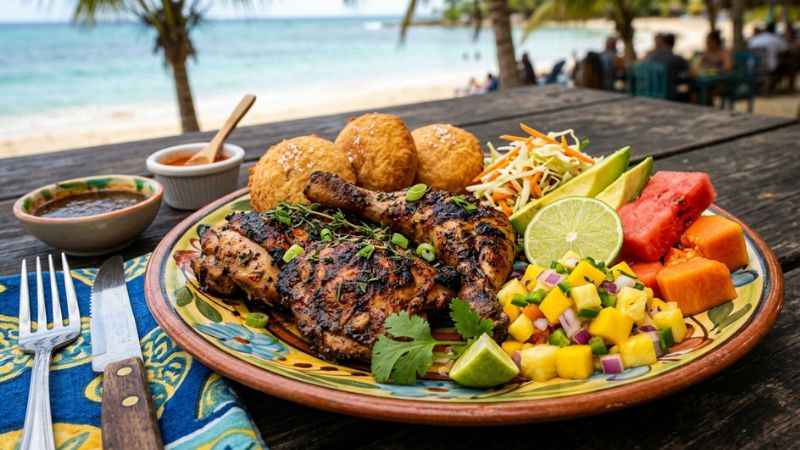 Jamaican-style jerk chicken with fried dumplings.