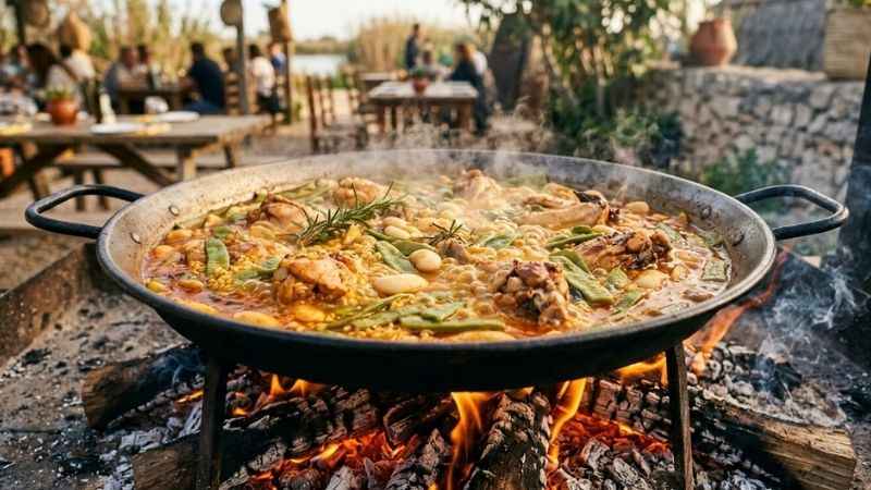 Authentic Valencian paella cooking over a wood fire with chicken, rabbit, and green beans.