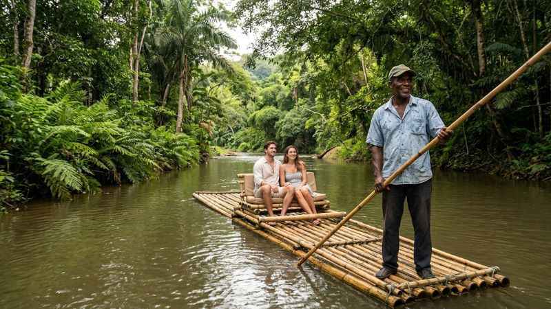Travelers enjoying a peaceful bamboo river rafting trip on a jungle river in Jamaica.