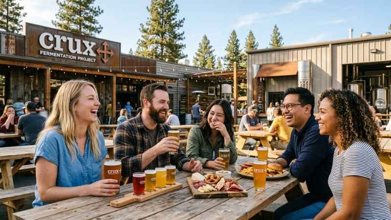 People relaxing and drinking craft beer on an outdoor patio along the Bend Ale Trail.