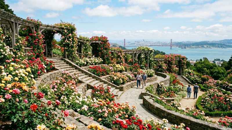 Blooming roses and stone structures at the Berkeley Rose Garden in the Berkeley Hills.