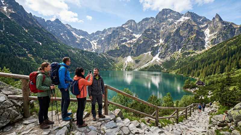 Scenic view of Morskie Oko alpine lake and the Tatra Mountains in Poland.