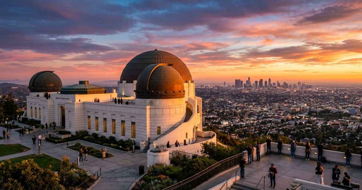 Sunset view of Griffith Observatory overlooking the Los Angeles skyline.