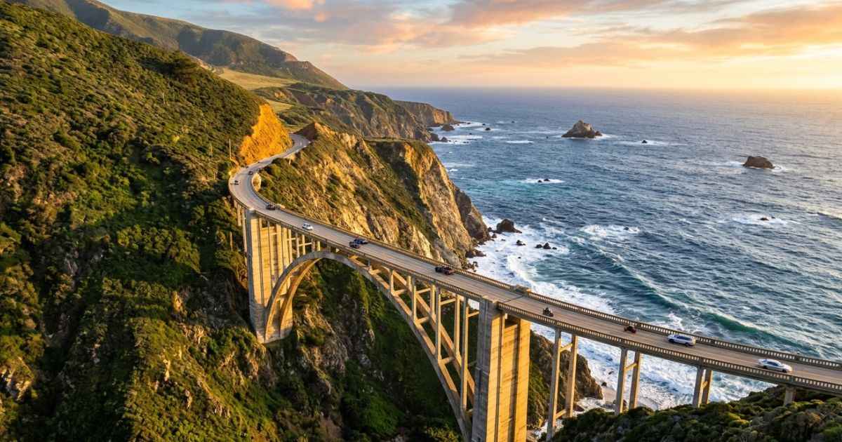 Bixby Creek Bridge at sunset along the rugged Big Sur coastline in California.