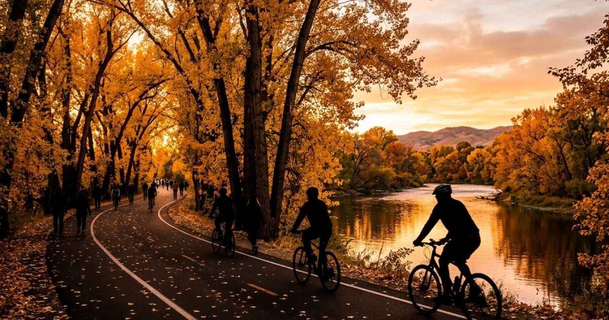 People walking along the tree-lined Boise River Greenbelt at sunset.