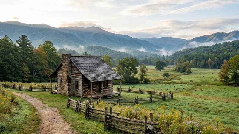 Historic wooden cabin in a green valley inside Great Smoky Mountains National Park.