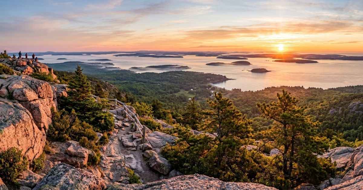 Vibrant sunrise view overlooking the forested islands and rocky coast of Acadia National Park from Cadillac Mountain.