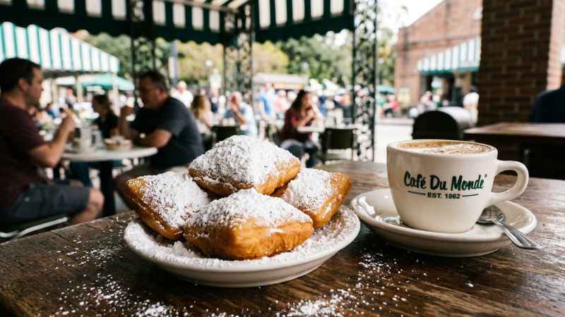 Hot powdered-sugar beignets and chicory coffee at Café du Monde in New Orleans