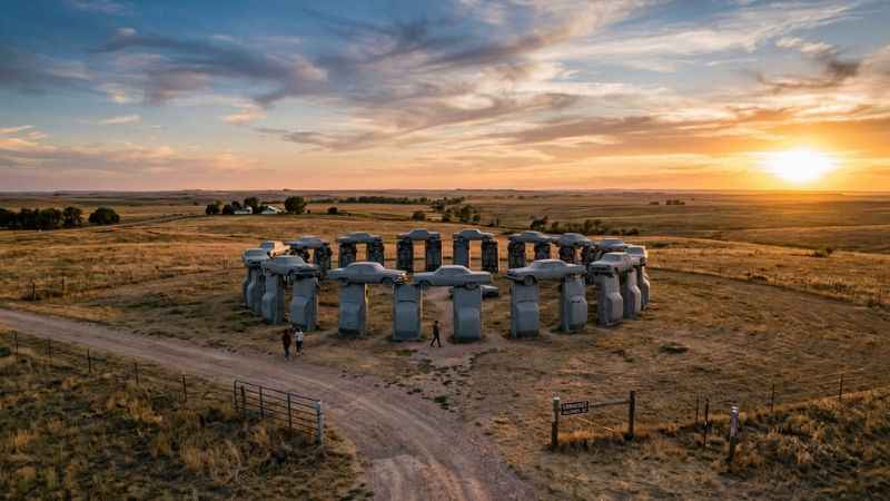 Carhenge roadside art structure made from vintage cars in Alliance Nebraska at golden hour.