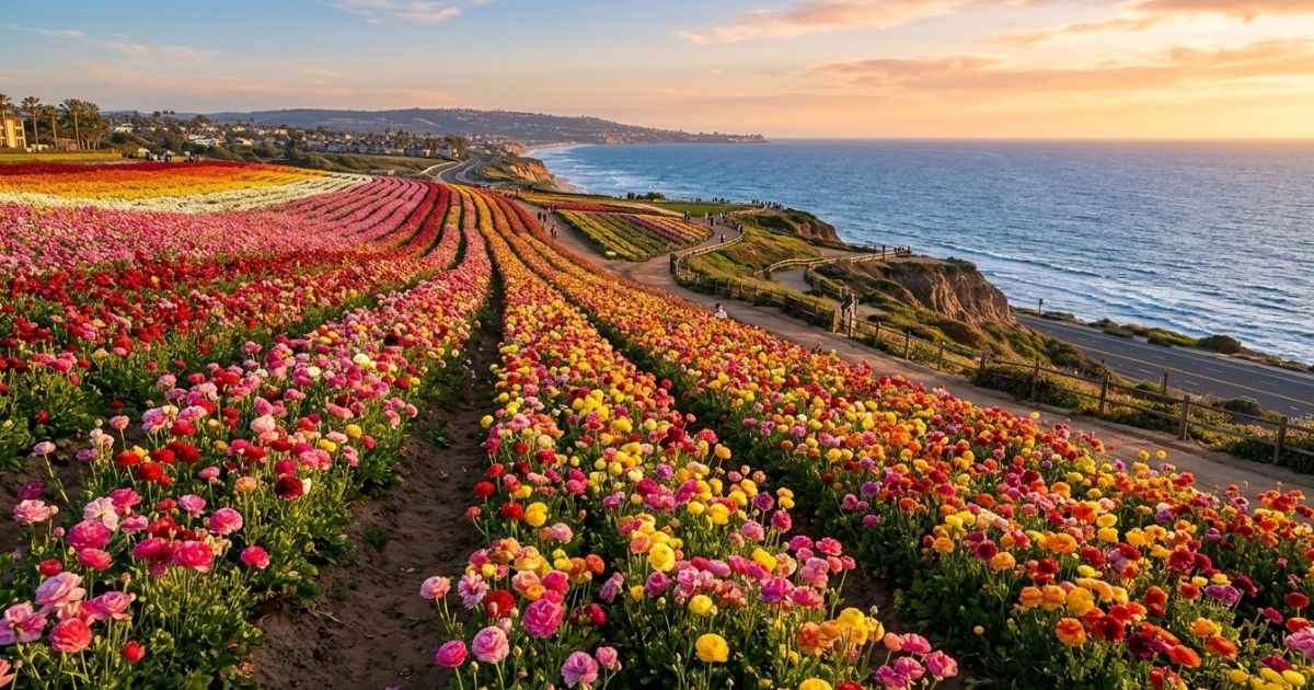 Colorful ranunculus flowers blooming at the Carlsbad Flower Fields with the ocean in the background.