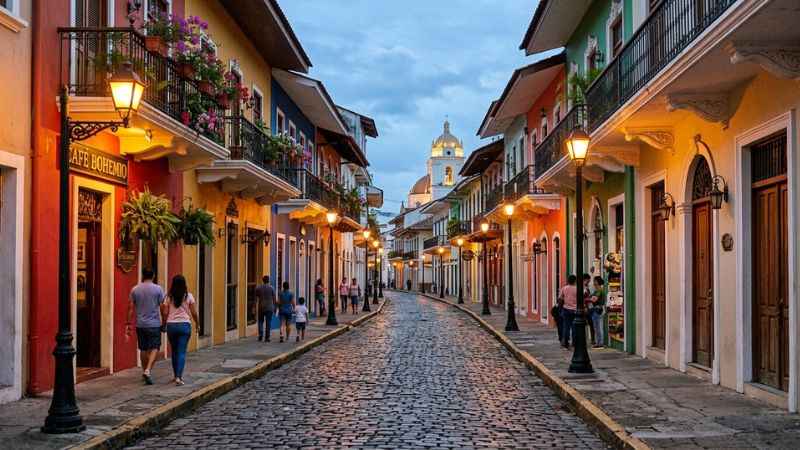 Colorful colonial buildings and cobblestone street in the historic Casco Antiguo district of Panama City.