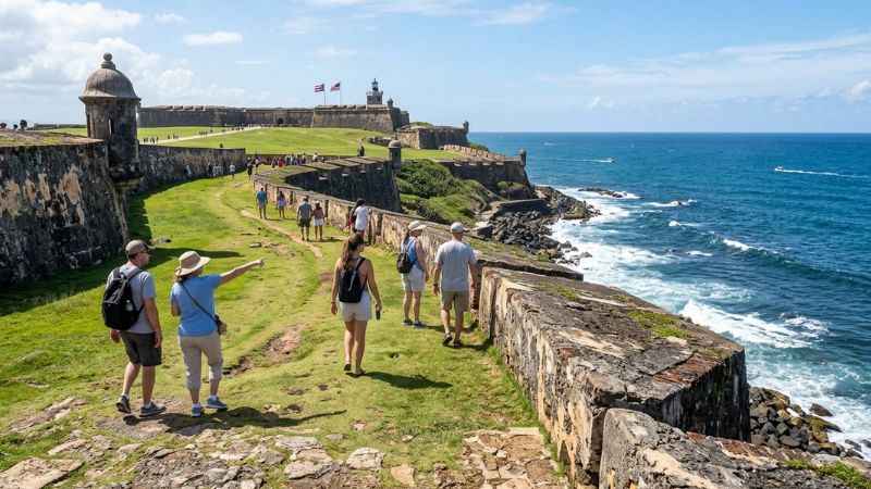 Visitors exploring the historic stone ramparts and ocean views at El Morro fort in San Juan.