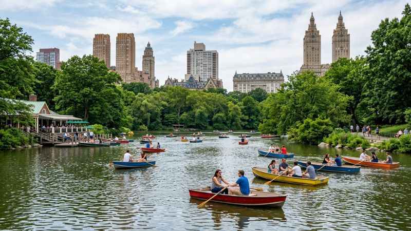 People rowing boats on the Central Park lake with lush trees and buildings in the background.
