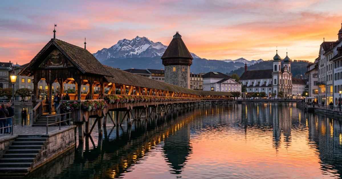 Chapel Bridge and Water Tower at dusk in Lucerne, Switzerland.