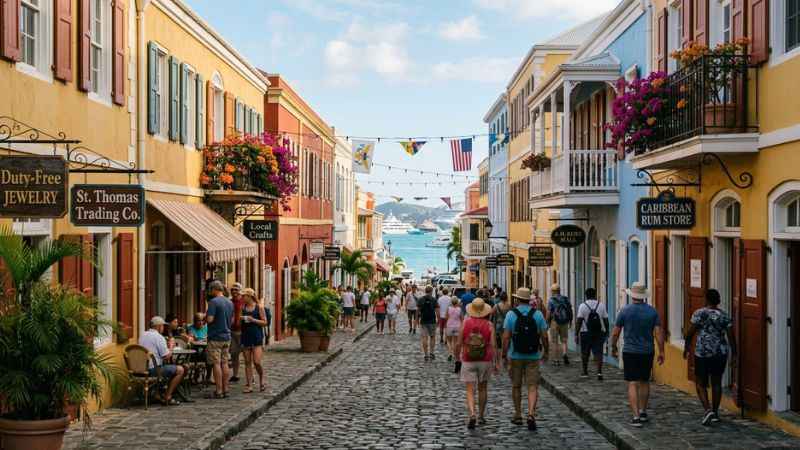 Historic pastel-painted buildings and shops along Main Street in Charlotte Amalie.