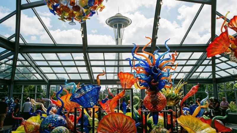 Colorful blown glass artwork installations at Chihuly Garden and Glass located near the base of the Space Needle.