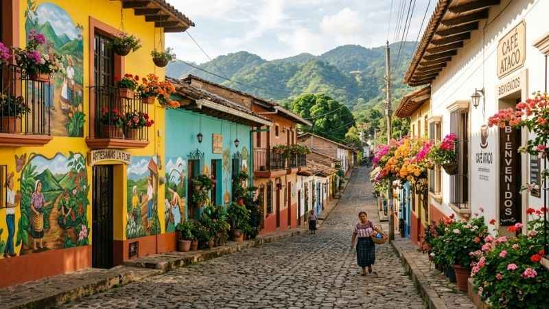Charming cobblestone street lined with colorful colonial buildings and murals in Concepción de Ataco, El Salvador.