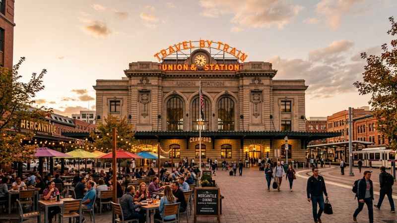 Historic facade of Denver Union Station with its iconic orange neon sign and outdoor plaza seating.